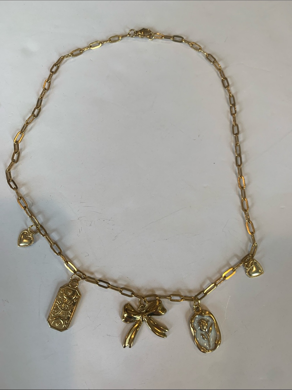 Gold Tone Paperclip Charm Necklace Bow Rose Cameo Celestial Eye Hearts